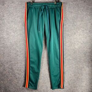 CARBON Men Green Track Pants Athletic Side Stripe Drawstring Waist Medium Sports
